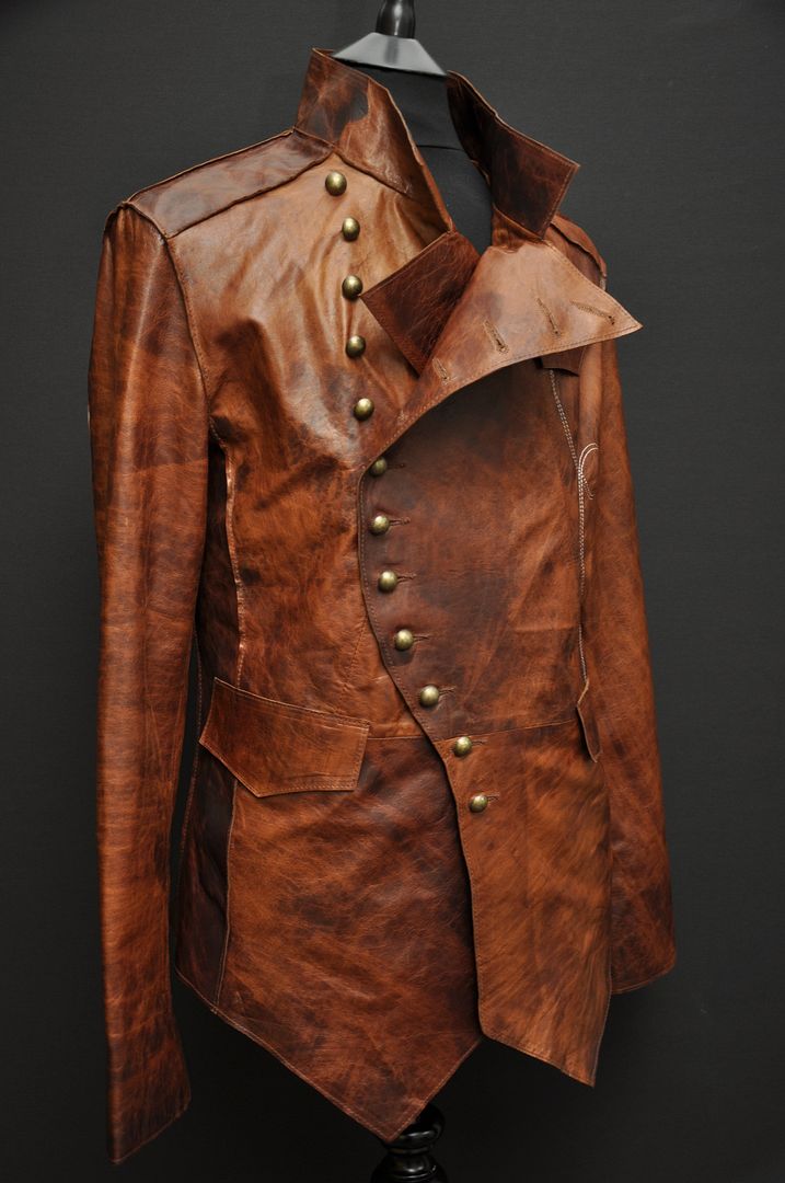MENS LEATHER STEAMPUNK ROCK MILITARY JACKET UNIQUE TAN